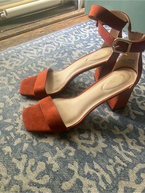 C. Label Suede Block Heel Sandals in Rust